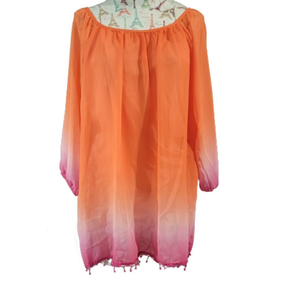 Vintage Lg Ombre Balloon Sheer Long Sleeve Lined Fringe Tunic Boho Blouse